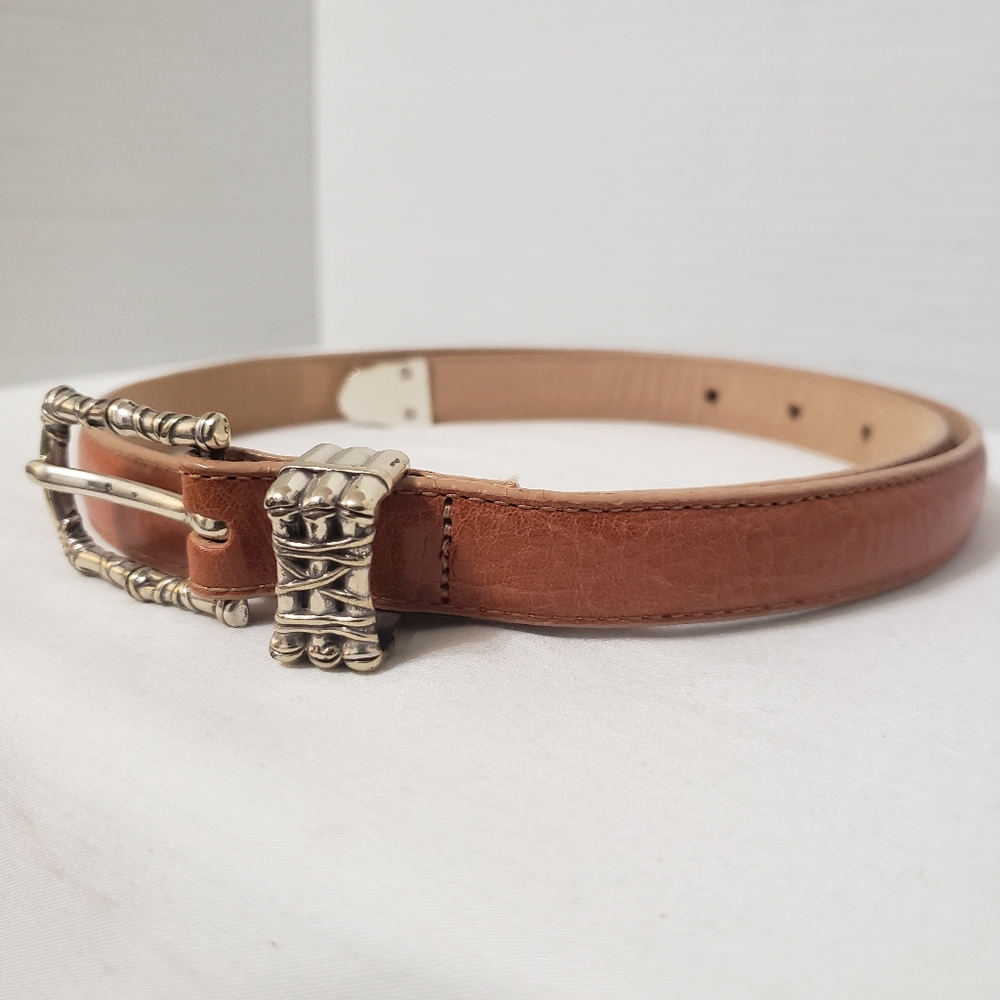 TALBOTS Belt Womens Size Small Tan Brown Leather Silvertone Buckle Western - Picture 3 of 14